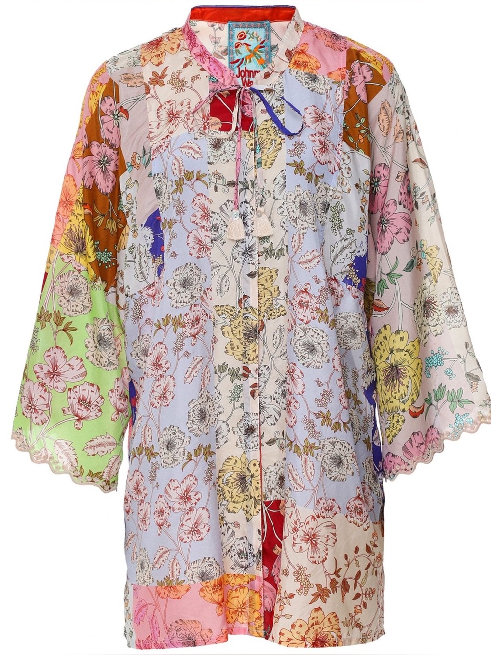 Johnny Was Silk Blouse Tunic Embroidered Multicolor Patch Floral Kimono Flouncy